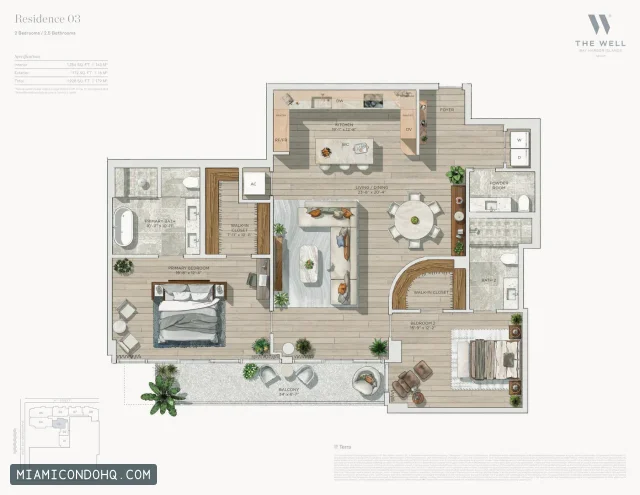 THE WELL Bay Harbor floor plan Residence 03 · 2 bedrooms