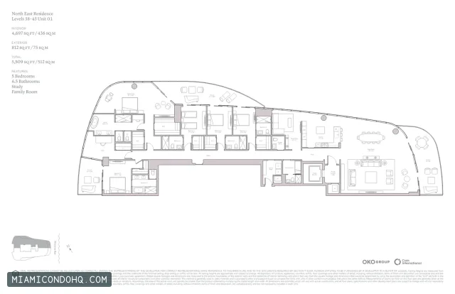 Una Residences floor plan Unit 01 · 5 bedrooms